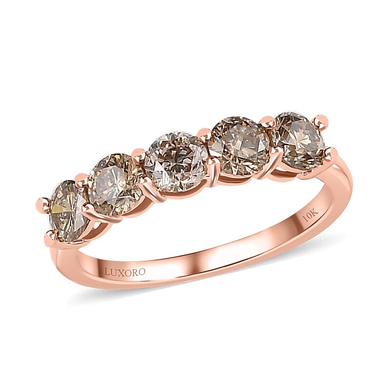 Luxoro 10K Rose Gold Natural Champagne Diamond 1.00 ctw Five Stone Ring, Wedding Band Ring, Promise Rings For Women (Size 7.0)
