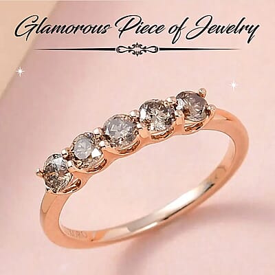 Luxoro 10K Rose Gold Natural Champagne Diamond 1.00 ctw Five Stone Ring, Wedding Band Ring, Promise Rings For Women (Size 7.0)