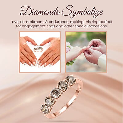 Luxoro 10K Rose Gold Natural Champagne Diamond 1.00 ctw Five Stone Ring, Wedding Band Ring, Promise Rings For Women (Size 7.0)