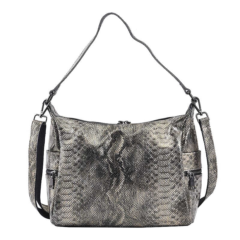 Gold and Black Python Embossed Print Genuine Leather Hobo Bag with Shoulder Strap