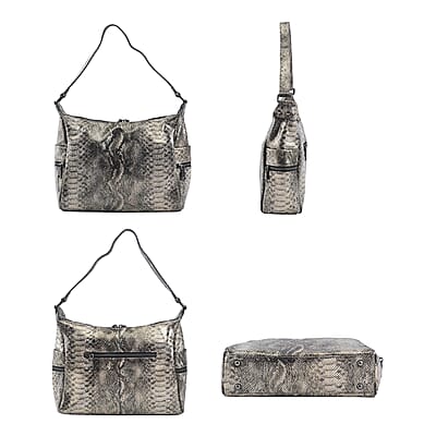 Gold and Black Python Embossed Print Genuine Leather Hobo Bag with Shoulder Strap