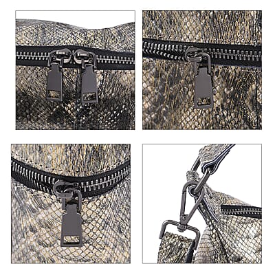 Gold and Black Python Embossed Print Genuine Leather Hobo Bag with Shoulder Strap