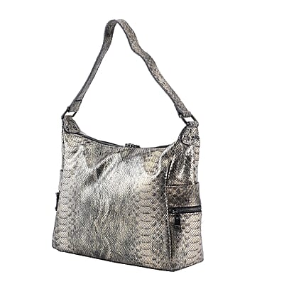 Gold and Black Python Embossed Print Genuine Leather Hobo Bag with Shoulder Strap