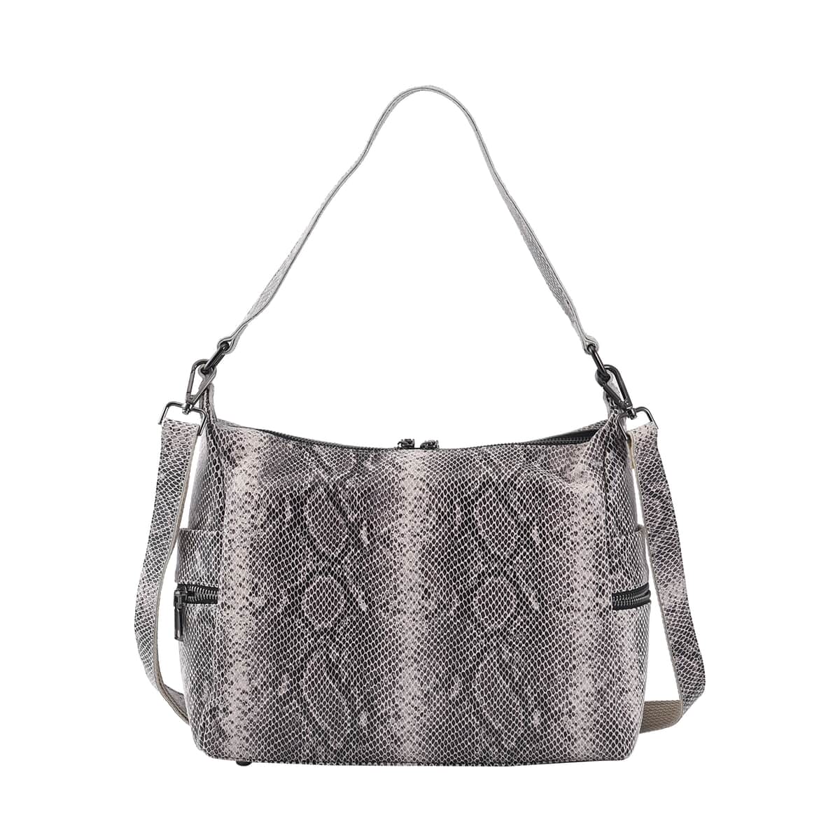 Gray Python Embossed Print Genuine Leather Hobo Bag with Shoulder Straps image number 0