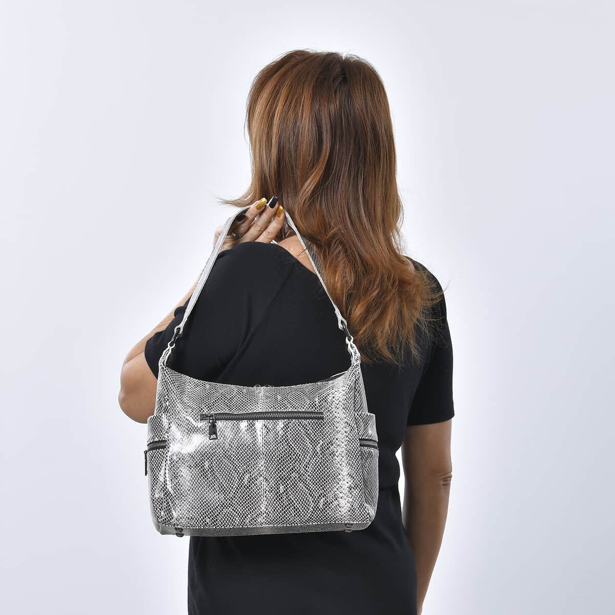 Gray Python Embossed Print Genuine Leather Hobo Bag with Shoulder Straps image number 2