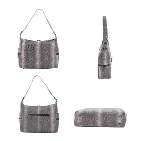 Gray Python Embossed Print Genuine Leather Hobo Bag with Shoulder Straps image number 3