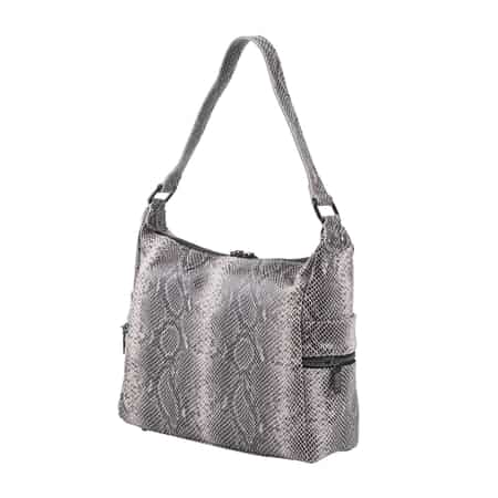 Gray Python Embossed Print Genuine Leather Hobo Bag with Shoulder Straps image number 6