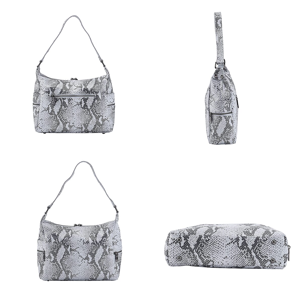 Silver and Black Python Embossed Print Genuine Leather Hobo Bag with Shoulder Straps image number 3