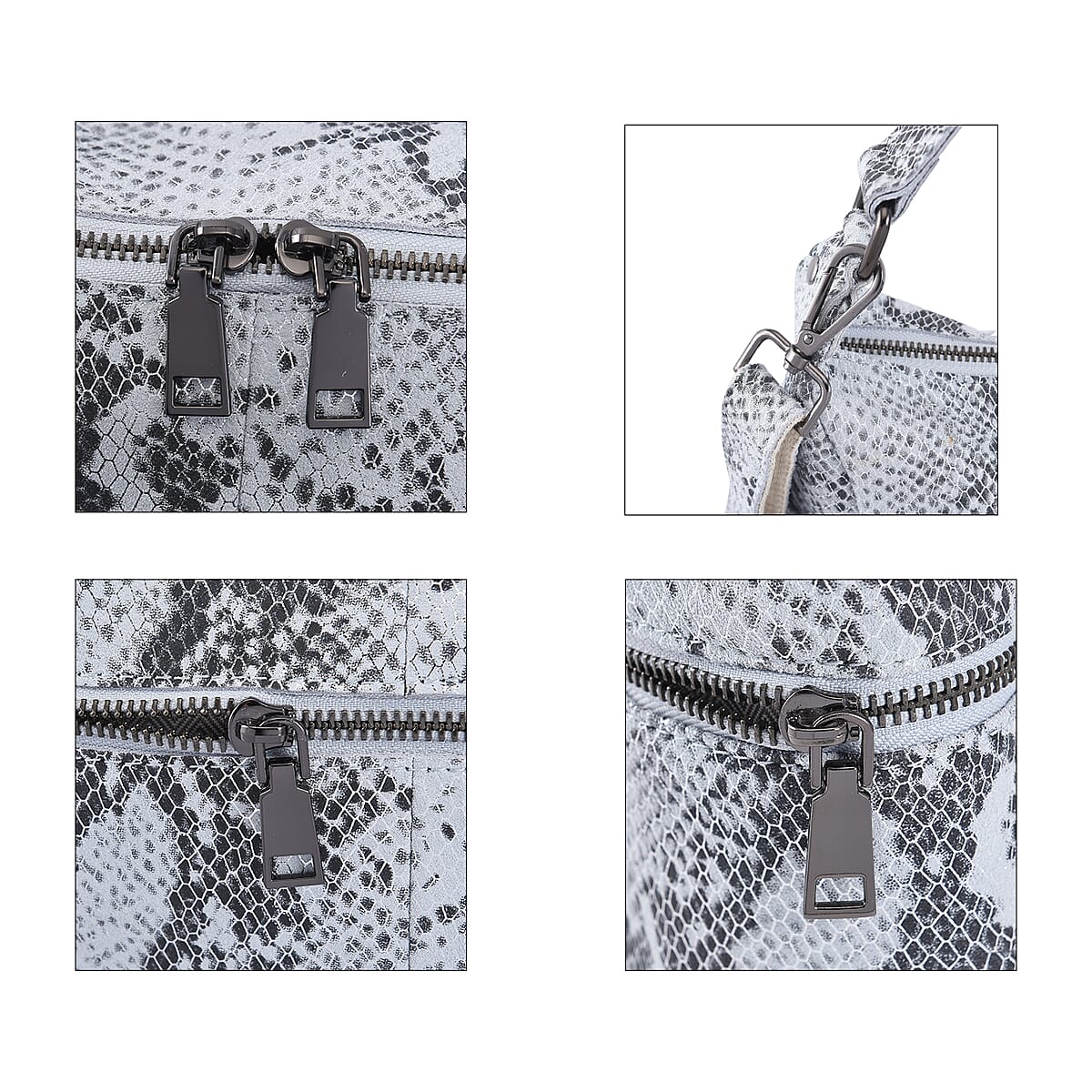 Silver and Black Python Embossed Print Genuine Leather Hobo Bag with Shoulder Straps image number 4