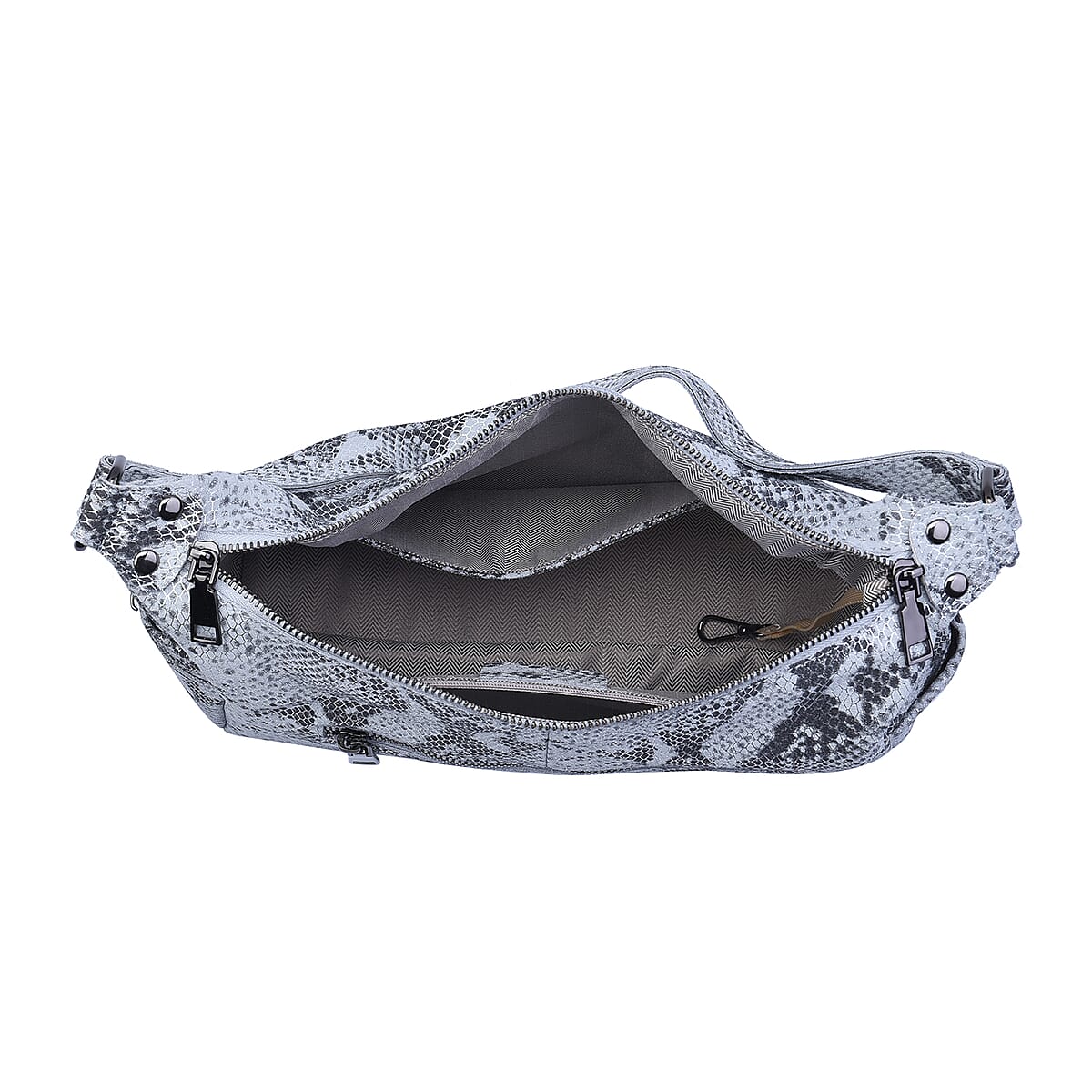 Silver and Black Python Embossed Print Genuine Leather Hobo Bag with Shoulder Straps image number 5
