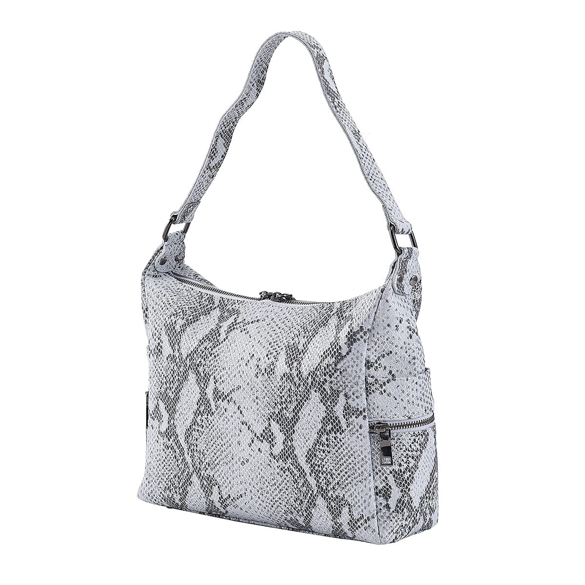 Silver and Black Python Embossed Print Genuine Leather Hobo Bag with Shoulder Straps image number 6