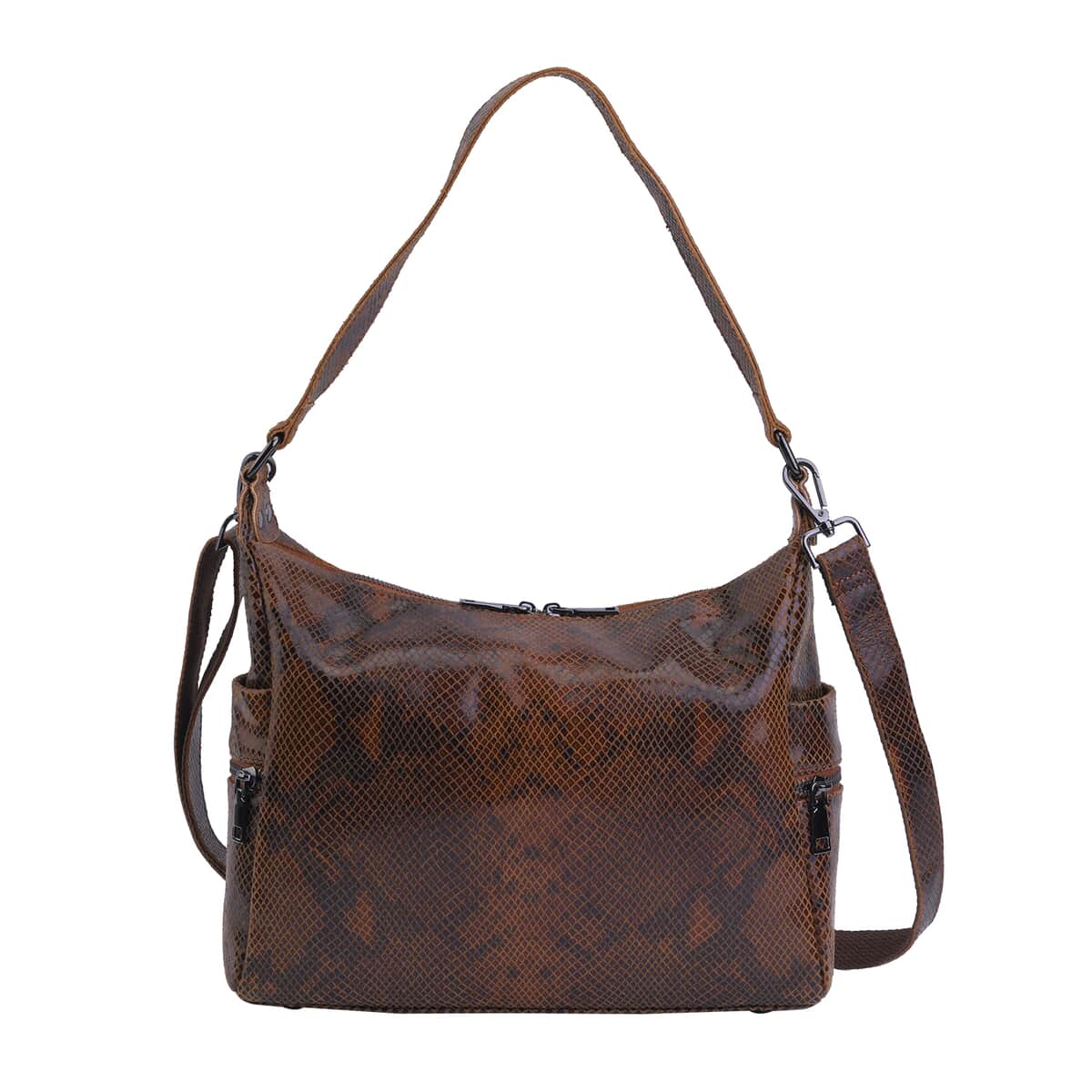 Tan and Black Python Embossed Print Genuine Leather Hobo Bag with Shoulder Straps image number 0