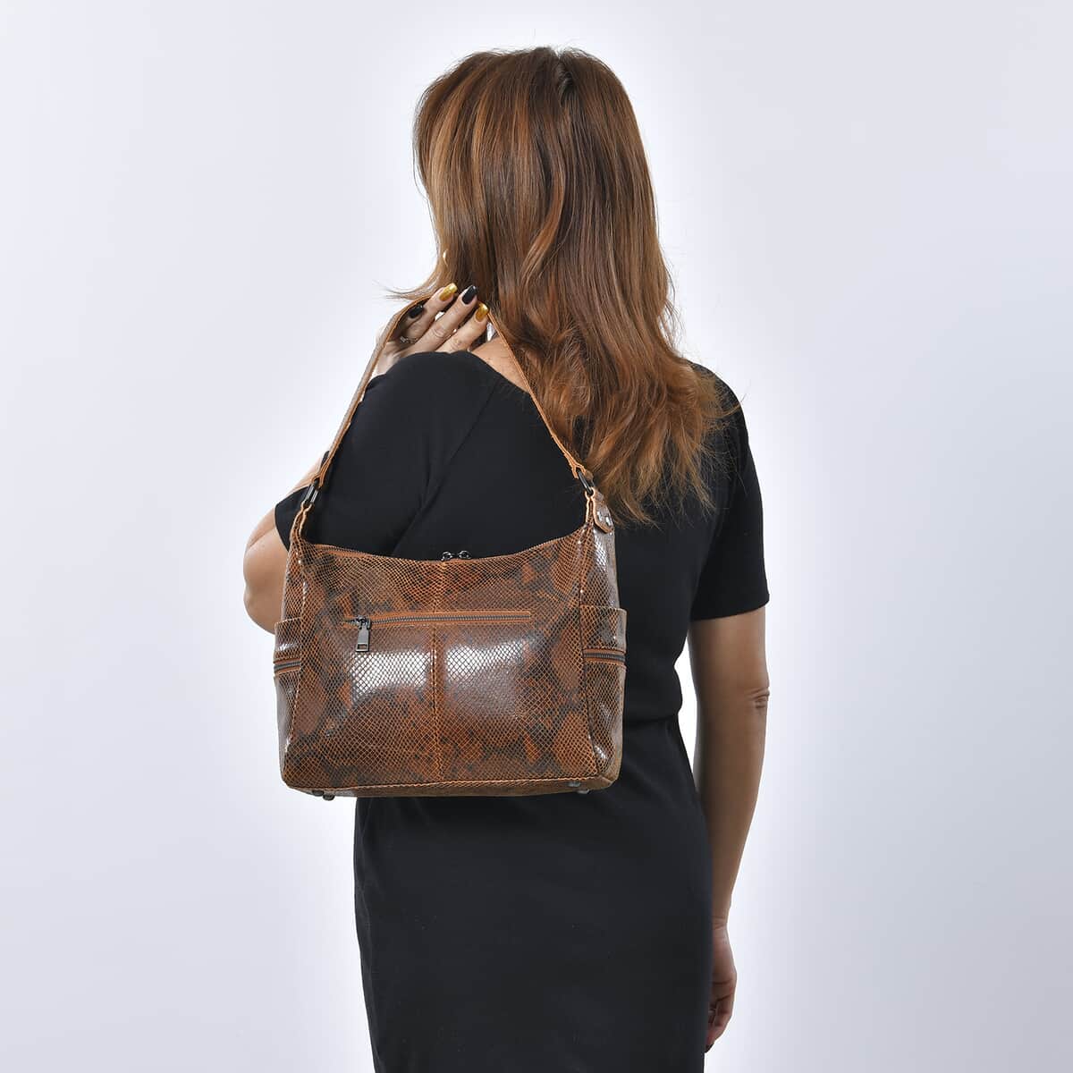 Tan and Black Python Embossed Print Genuine Leather Hobo Bag with Shoulder Straps image number 2