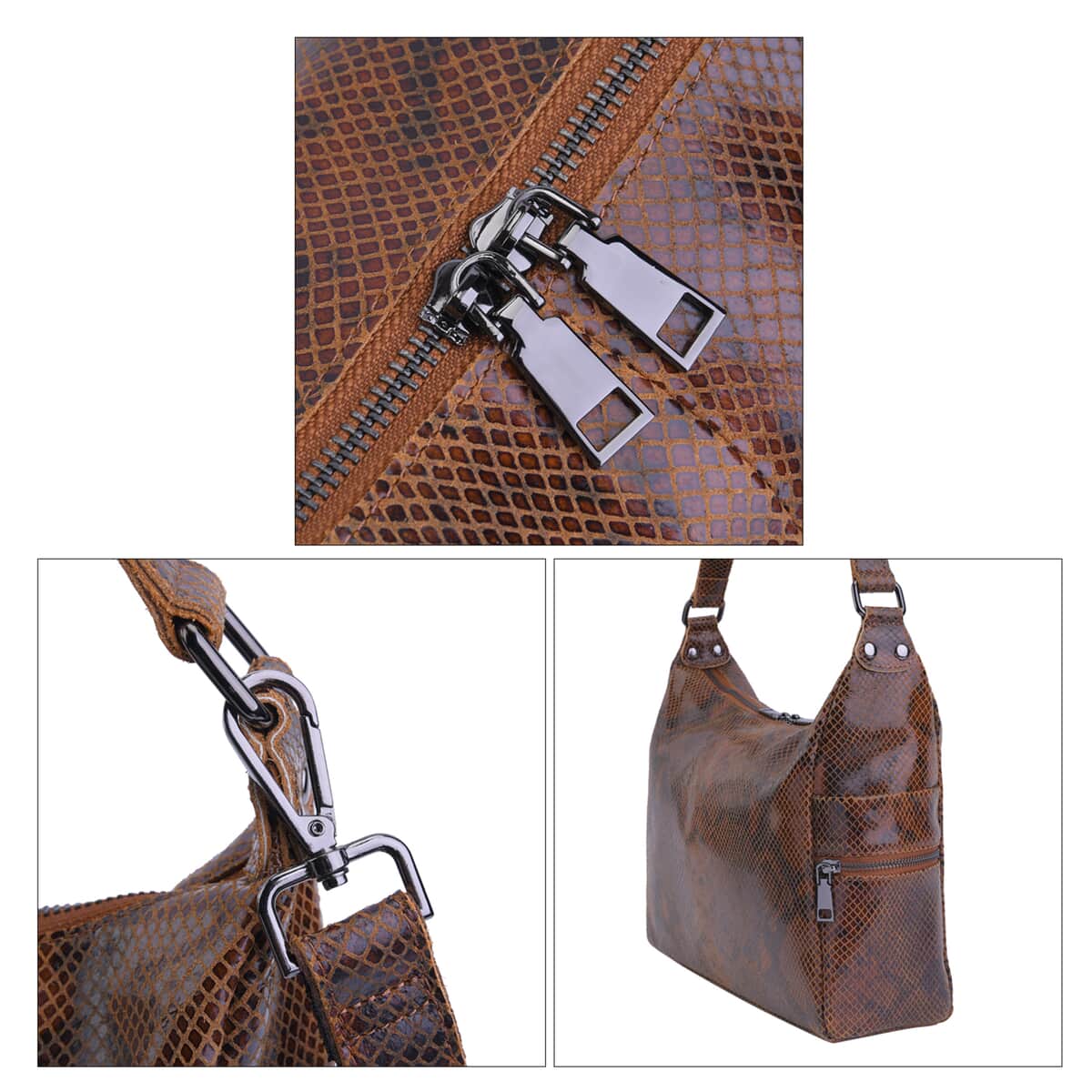 Tan and Black Python Embossed Print Genuine Leather Hobo Bag with Shoulder Straps image number 4