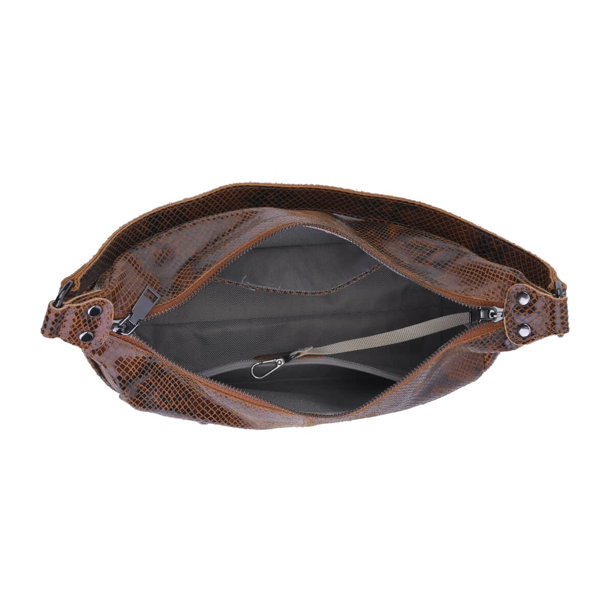 Tan and Black Python Embossed Print Genuine Leather Hobo Bag with Shoulder Straps image number 5