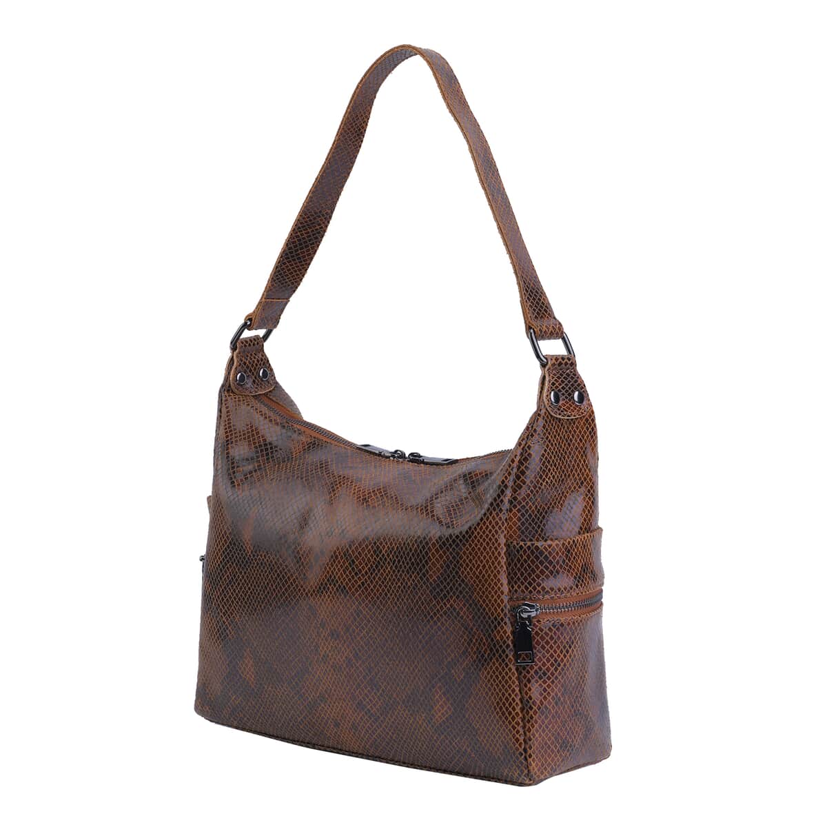Tan and Black Python Embossed Print Genuine Leather Hobo Bag with Shoulder Straps image number 6