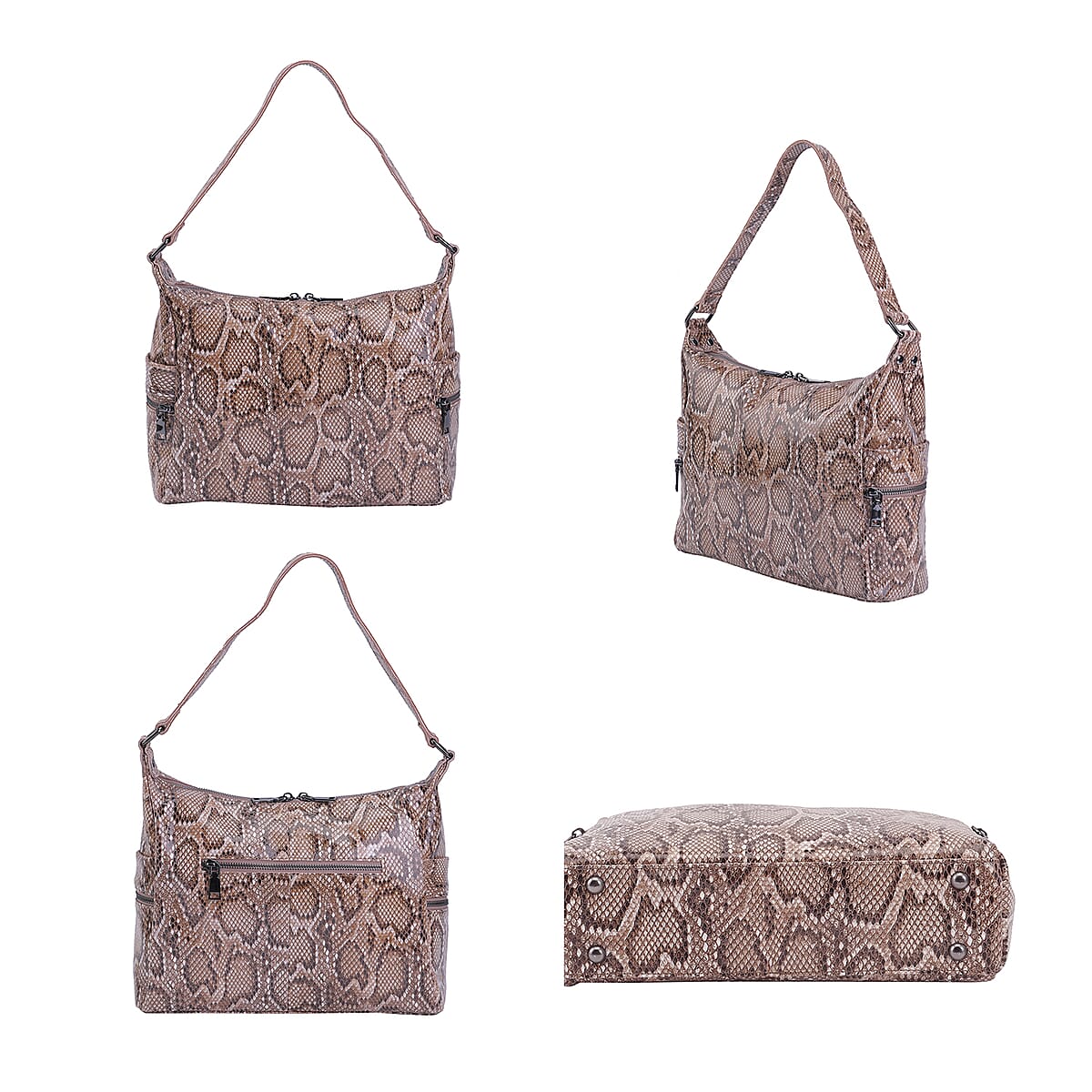 Khaki and Black Python Embossed Print Genuine Leather Hobo Bag with Shoulder Straps image number 3