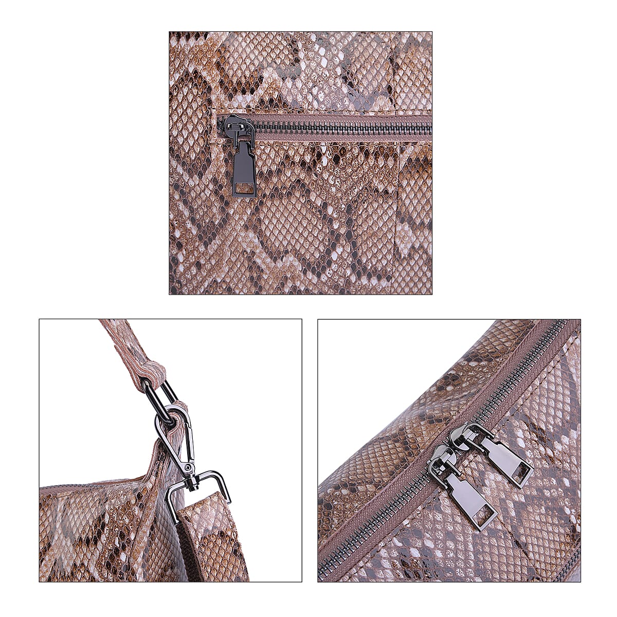 Khaki and Black Python Embossed Print Genuine Leather Hobo Bag with Shoulder Straps image number 4