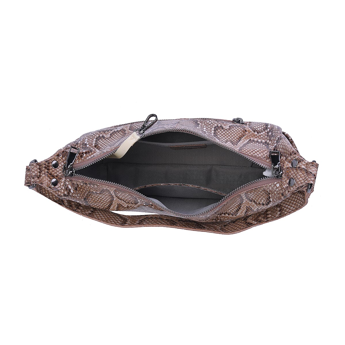 Khaki and Black Python Embossed Print Genuine Leather Hobo Bag with Shoulder Straps image number 5