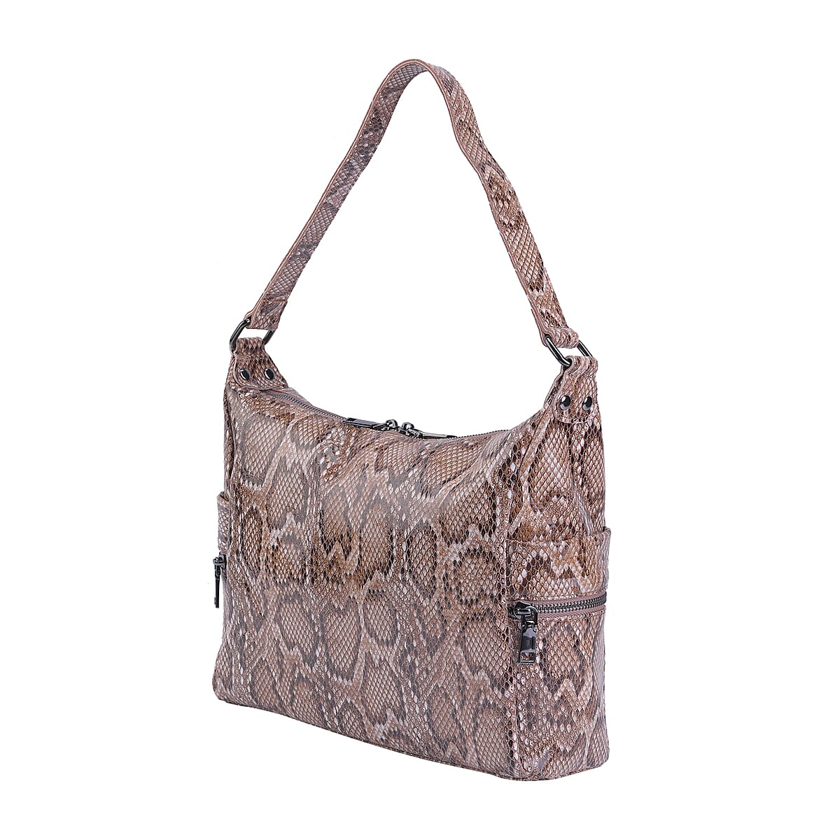 Khaki and Black Python Embossed Print Genuine Leather Hobo Bag with Shoulder Straps image number 6