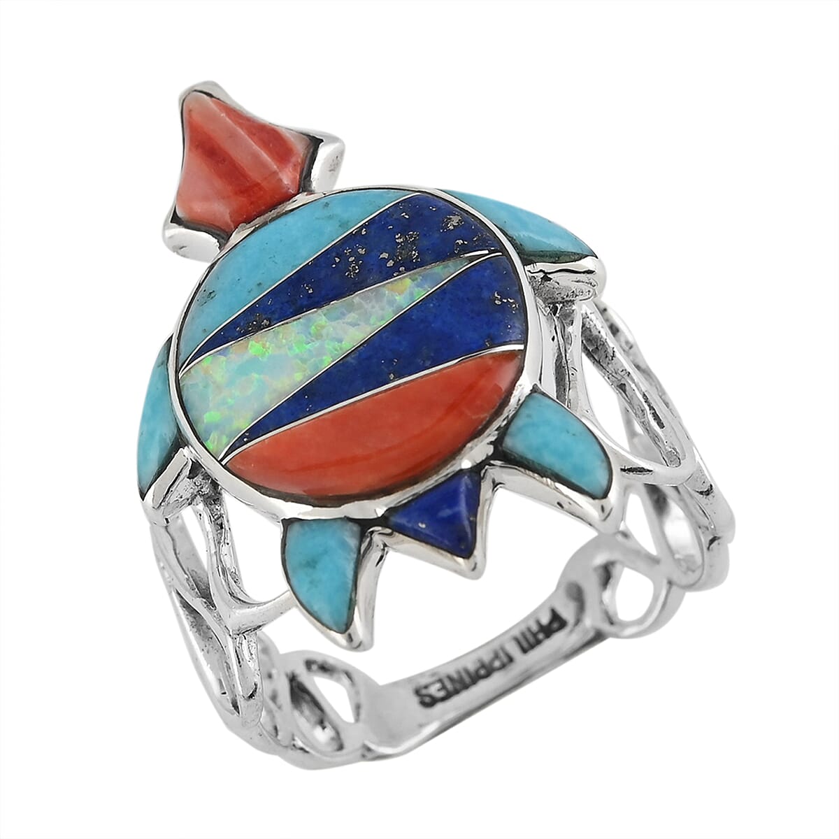Santa Fe Style Multi Gemstone Turtle Loop Fashion Ring in Sterling Silver (Size 6.0) 0.90 ctw