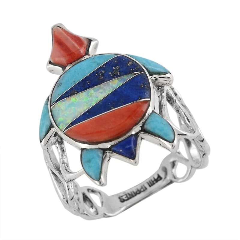 Santa Fe Style Multi Gemstone Turtle Loop Fashion Ring in Sterling Silver (Size 6.0) 0.90 ctw