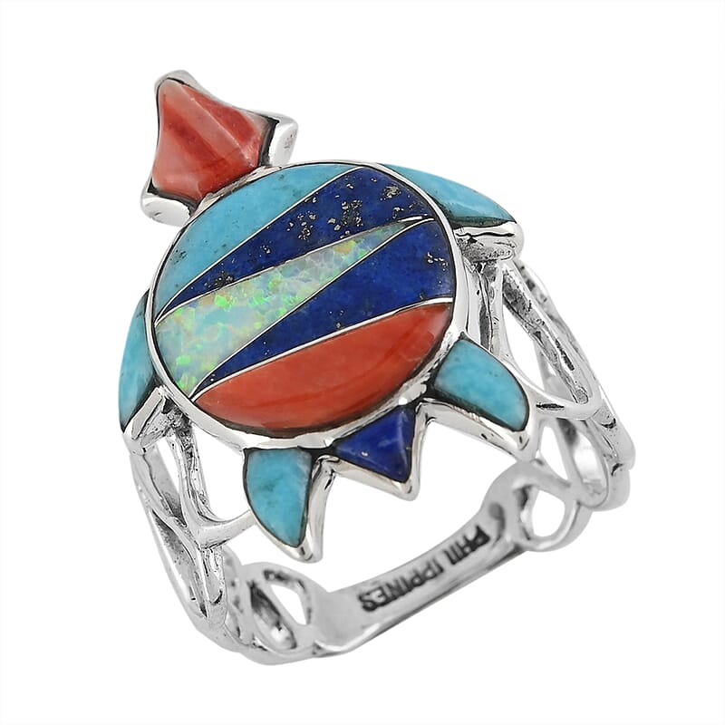 Santa Fe Style Multi Gemstone Turtle Loop Fashion Ring in Sterling Silver (Size 6.0) 0.90 ctw