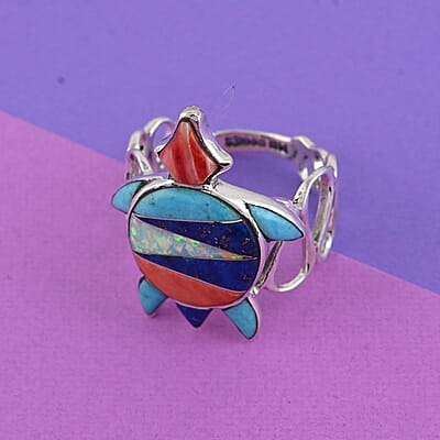 Santa Fe Style Multi Gemstone Turtle Loop Fashion Ring in Sterling Silver (Size 6.0) 0.90 ctw