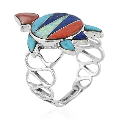 Santa Fe Style Multi Gemstone Turtle Loop Fashion Ring in Sterling Silver (Size 6.0) 0.90 ctw