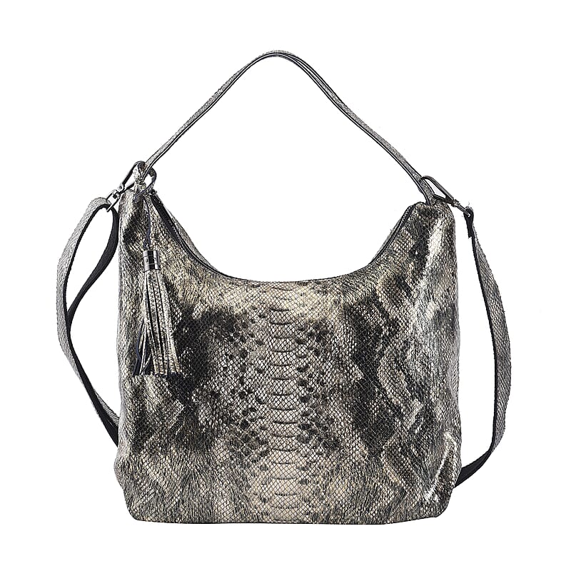 Gold and Black Snake Print Genuine Leather Hobo Bag with Detachable Shoulder Strap