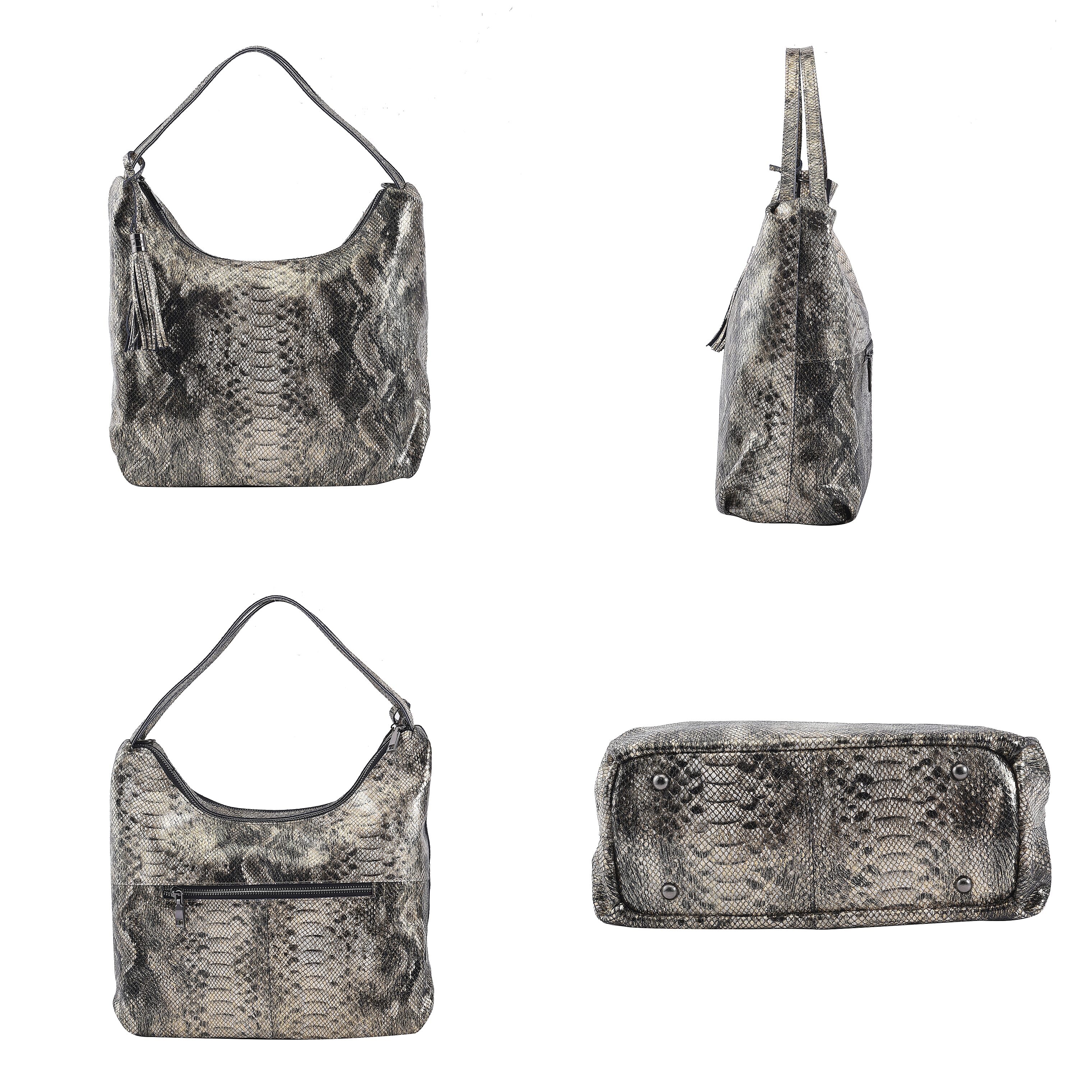 Gold and Black Snake Print Genuine Leather Hobo Bag with Detachable Shoulder Strap
