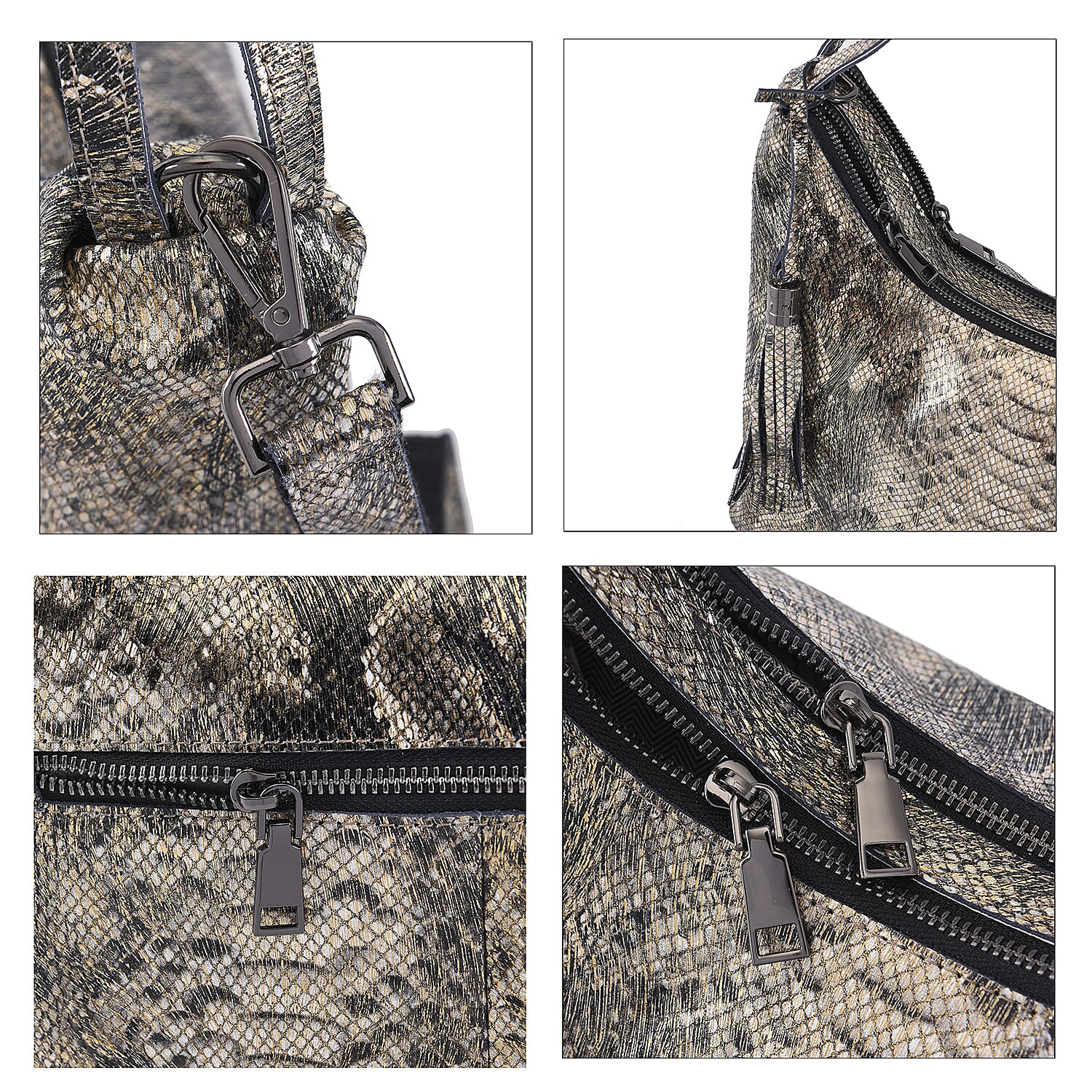 Gold and Black Snake Print Genuine Leather Hobo Bag with Detachable Shoulder Strap
