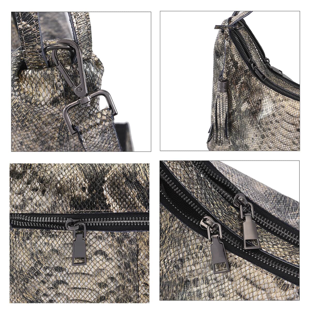 Gold and Black Snake Print Genuine Leather Hobo Bag (16.5"x5.12"x14.17") with 47" Detachable Shoulder Strap and 6" Handle Drop image number 4