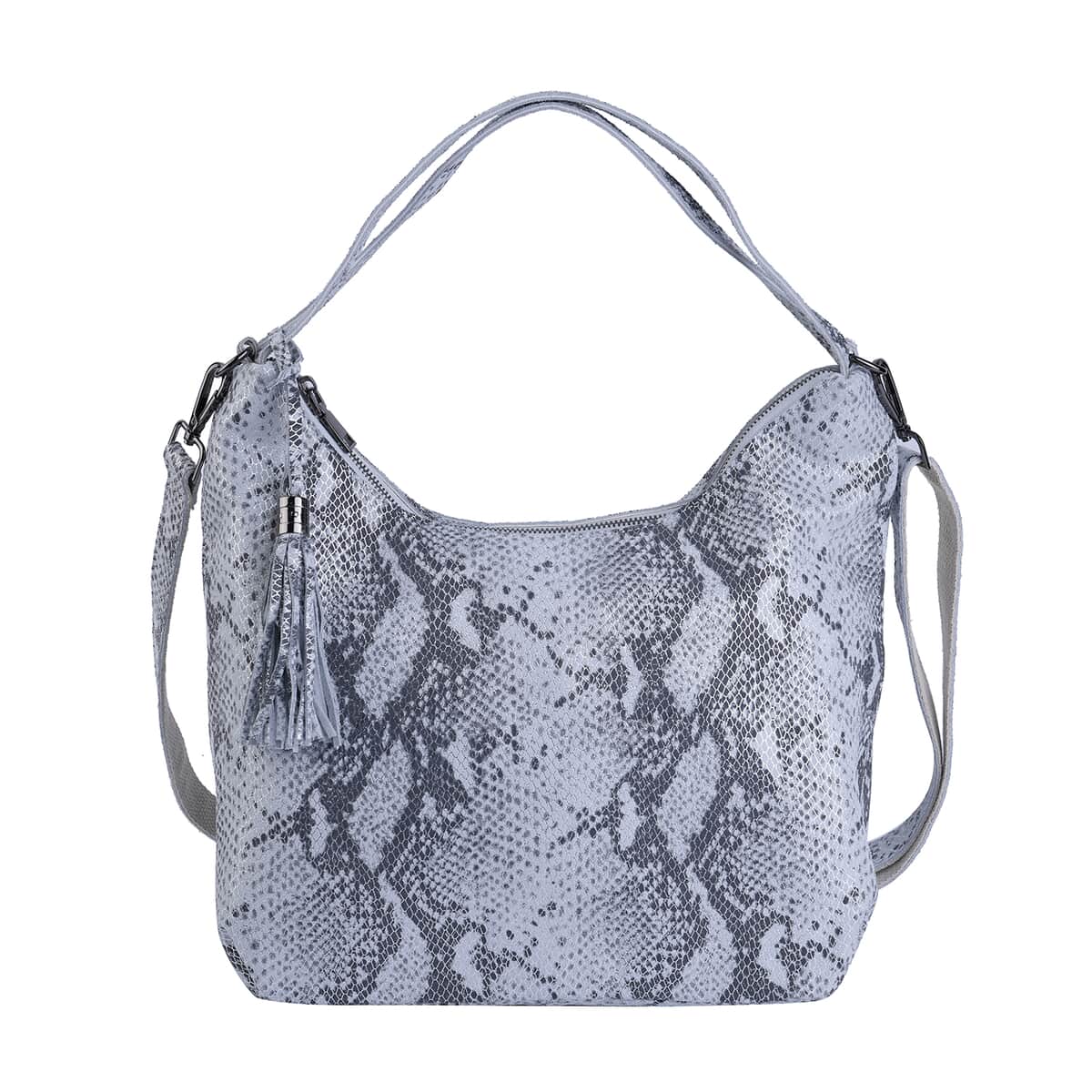 Silver and Black Snake Print Genuine Leather Hobo Bag with Detachable Shoulder Strap image number 0