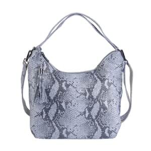 Silver and Black Snake Print Genuine Leather Hobo Bag with Detachable Shoulder Strap