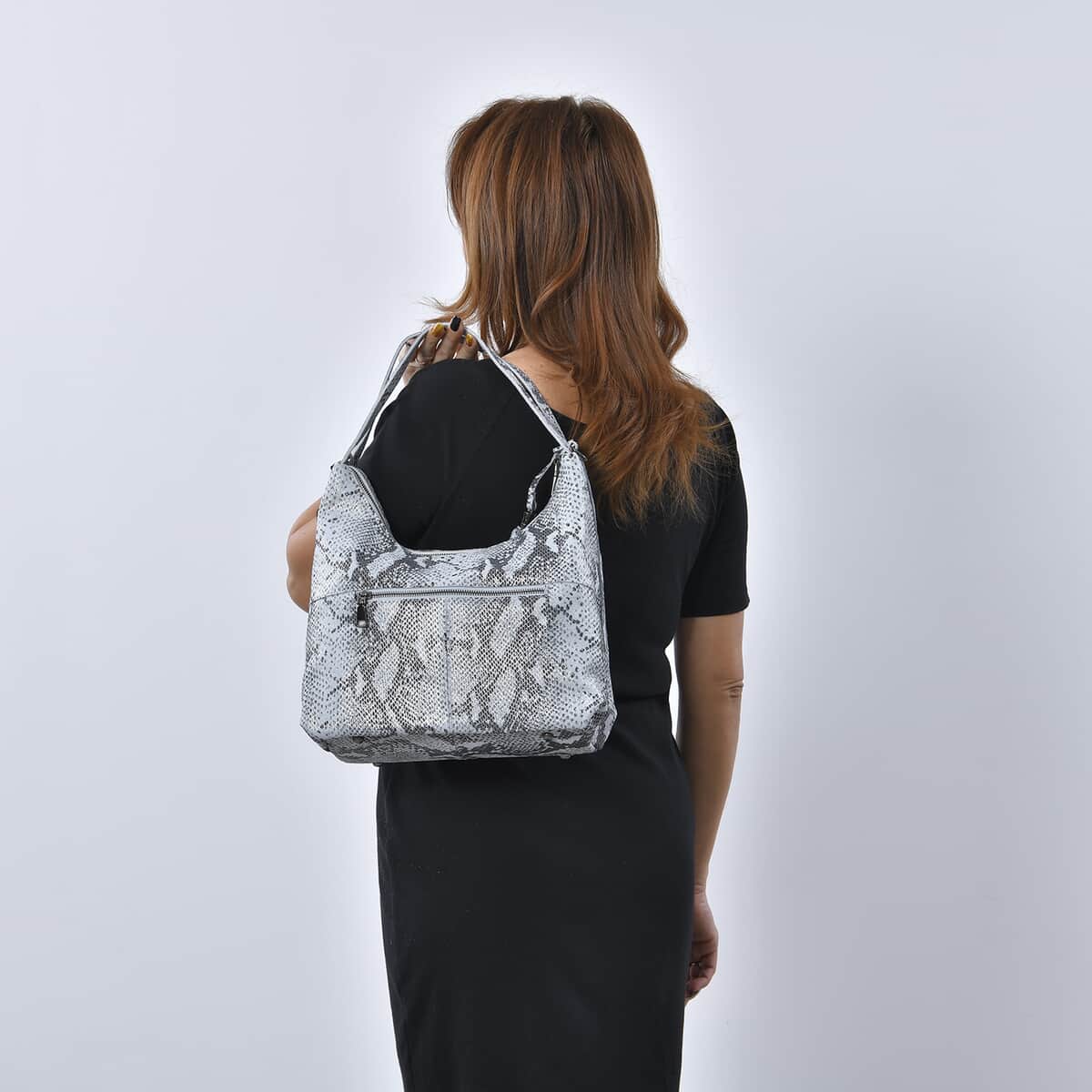 Silver and Black Snake Print Genuine Leather Hobo Bag with Detachable Shoulder Strap image number 2