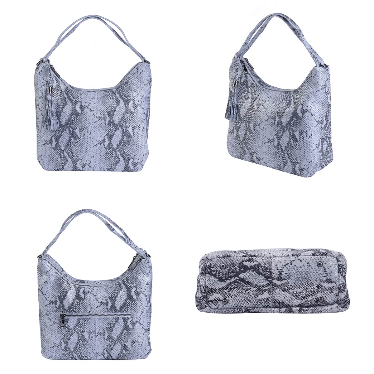 Silver and Black Snake Print Genuine Leather Hobo Bag with Detachable Shoulder Strap image number 3