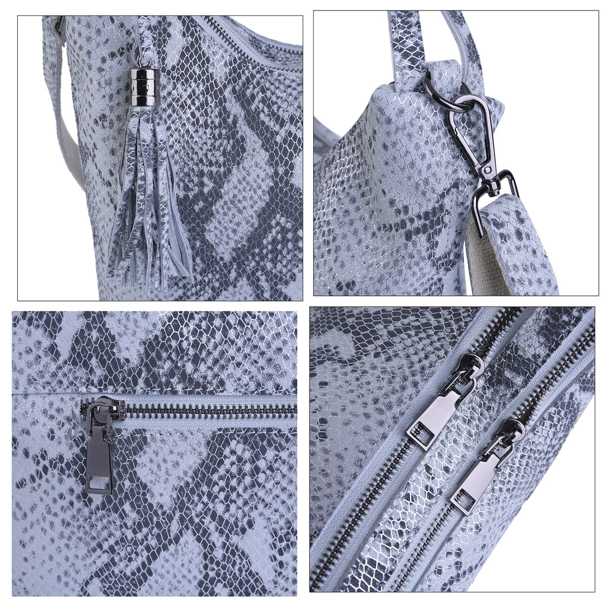 Silver and Black Snake Print Genuine Leather Hobo Bag with Detachable Shoulder Strap image number 4