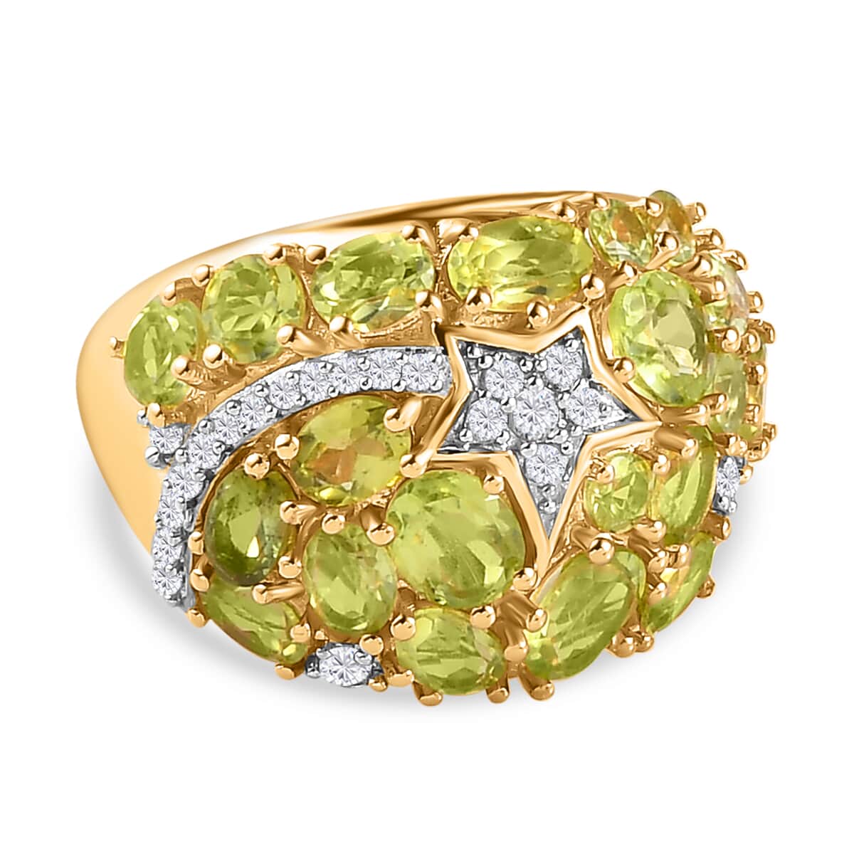 AMERICAN Natural Arizona Peridot and Natural White Zircon Shooting Star Ring in Vermeil Yellow Gold Over Sterling Silver 4.35 ctw image number 0