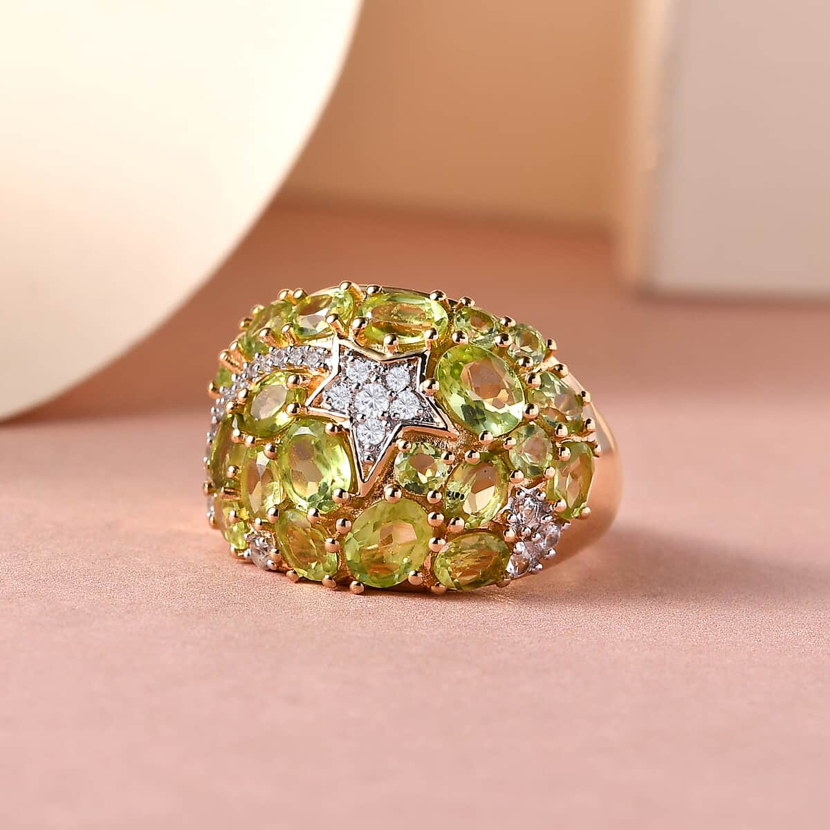AMERICAN Natural Arizona Peridot and Natural White Zircon Shooting Star Ring in Vermeil Yellow Gold Over Sterling Silver 4.35 ctw image number 1