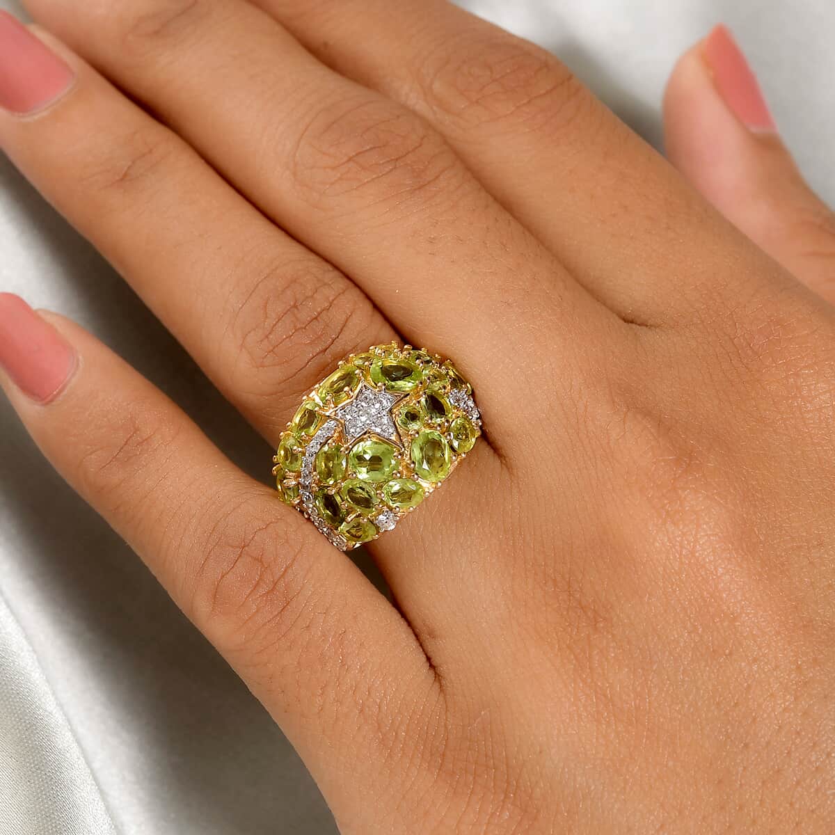 AMERICAN Natural Arizona Peridot and Natural White Zircon Shooting Star Ring in Vermeil Yellow Gold Over Sterling Silver 4.35 ctw image number 2