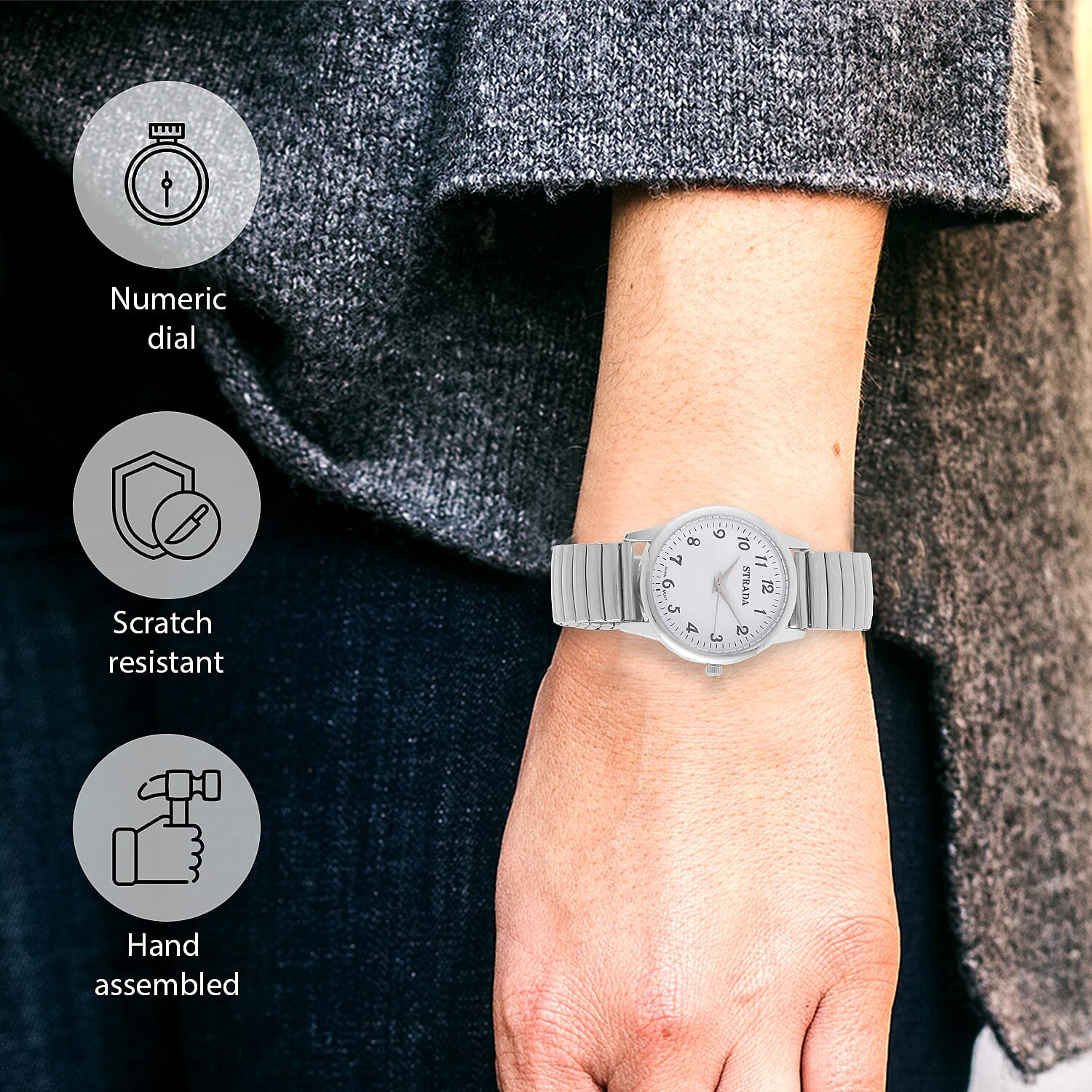 Strada Japanese Movement Stretch Bracelet Watch in Stainless Steel (36mm) (6.50-7.50Inches)