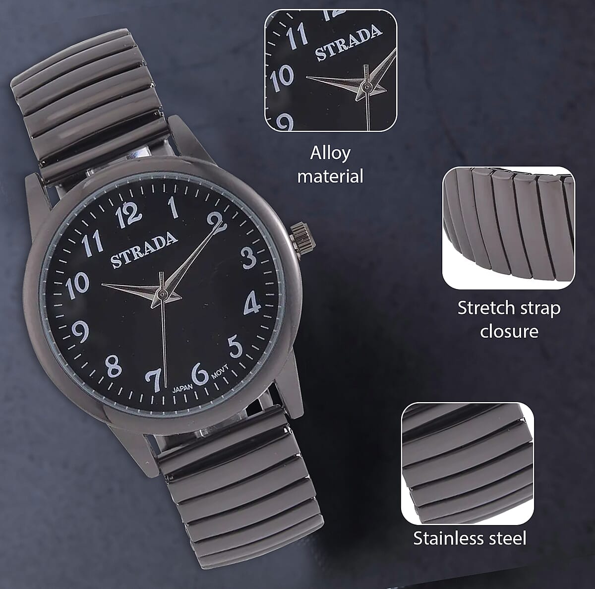 Strada Japanese Movement Stretch Bracelet Watch in ION Plated Black Stainless Steel (36mm) (6.50-7.50Inches) image number 3