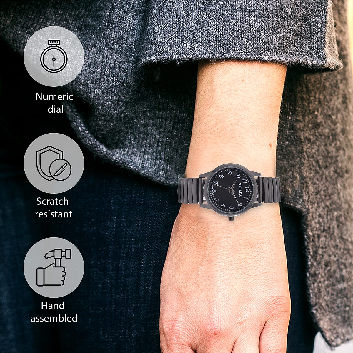 Strada Japanese Movement Stretch Bracelet Watch in ION Plated Black Stainless Steel (36mm) (6.50-7.50Inches) image number 5