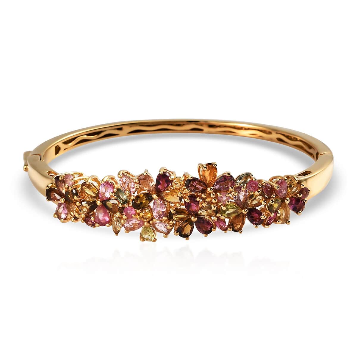 Multi-Tourmaline Floral Bangle Bracelet in Vermeil Yellow Gold Over Sterling Silver (6.50 In) 17.10 Grams 8.10 ctw image number 0