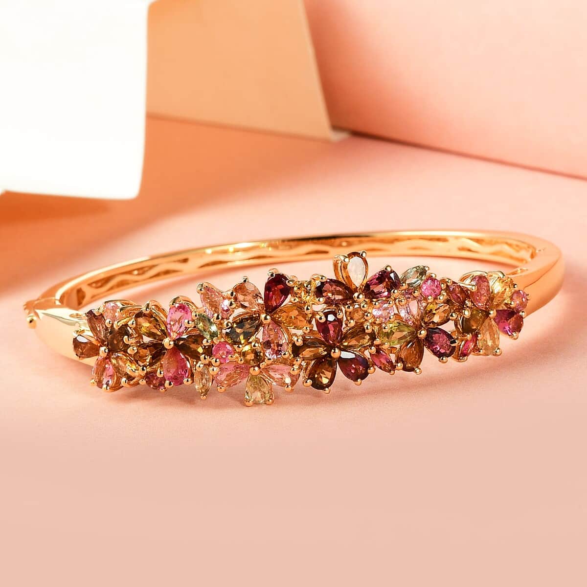 Multi-Tourmaline Floral Bangle Bracelet in Vermeil Yellow Gold Over Sterling Silver (6.50 In) 17.10 Grams 8.10 ctw image number 1