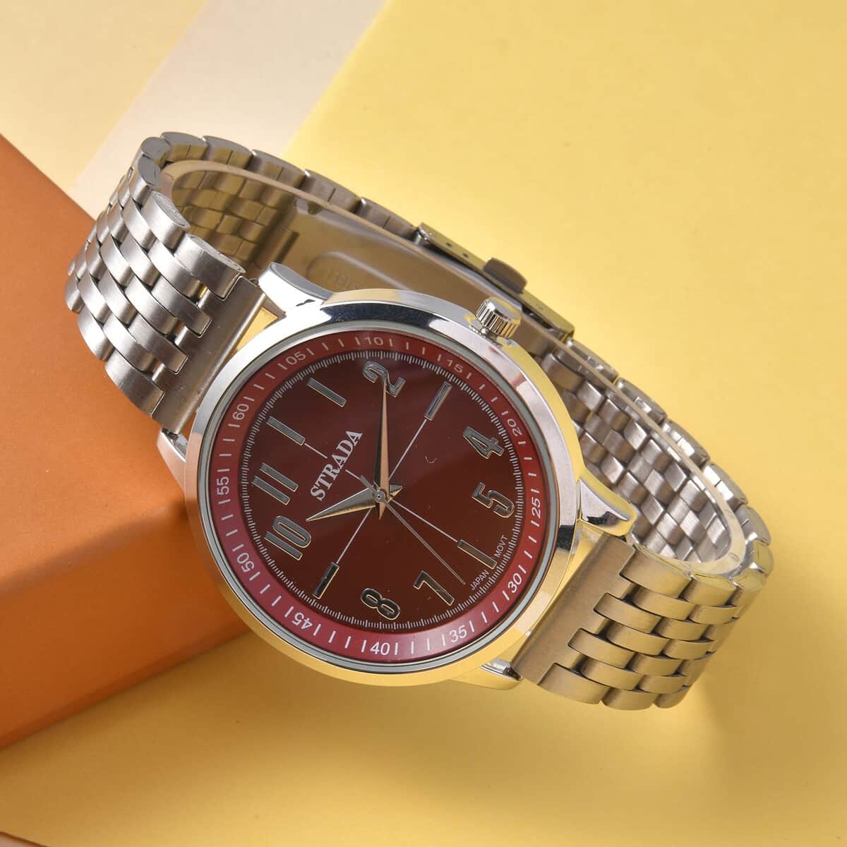 Strada Japanese Movement Wine Red Dial Watch in Stainless Steel (40mm) (7.50-8.25Inches) image number 1
