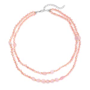 Galilea Rose Quartz, Pink and Champagne Glass Beaded Two Row Necklace (18-20 Inches) in Stainless Steel 50.00 ctw , Tarnish-Free, Waterproof, Sweat Proof Jewelry