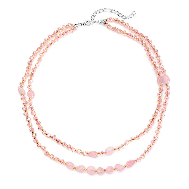 Galilea Rose Quartz 50.00 ctw, Pink and Champagne Glass Beaded Two Row Necklace in Stainless Steel 18-20 Inches, Tarnish-Free, Waterproof, Sweat Proof Jewelry