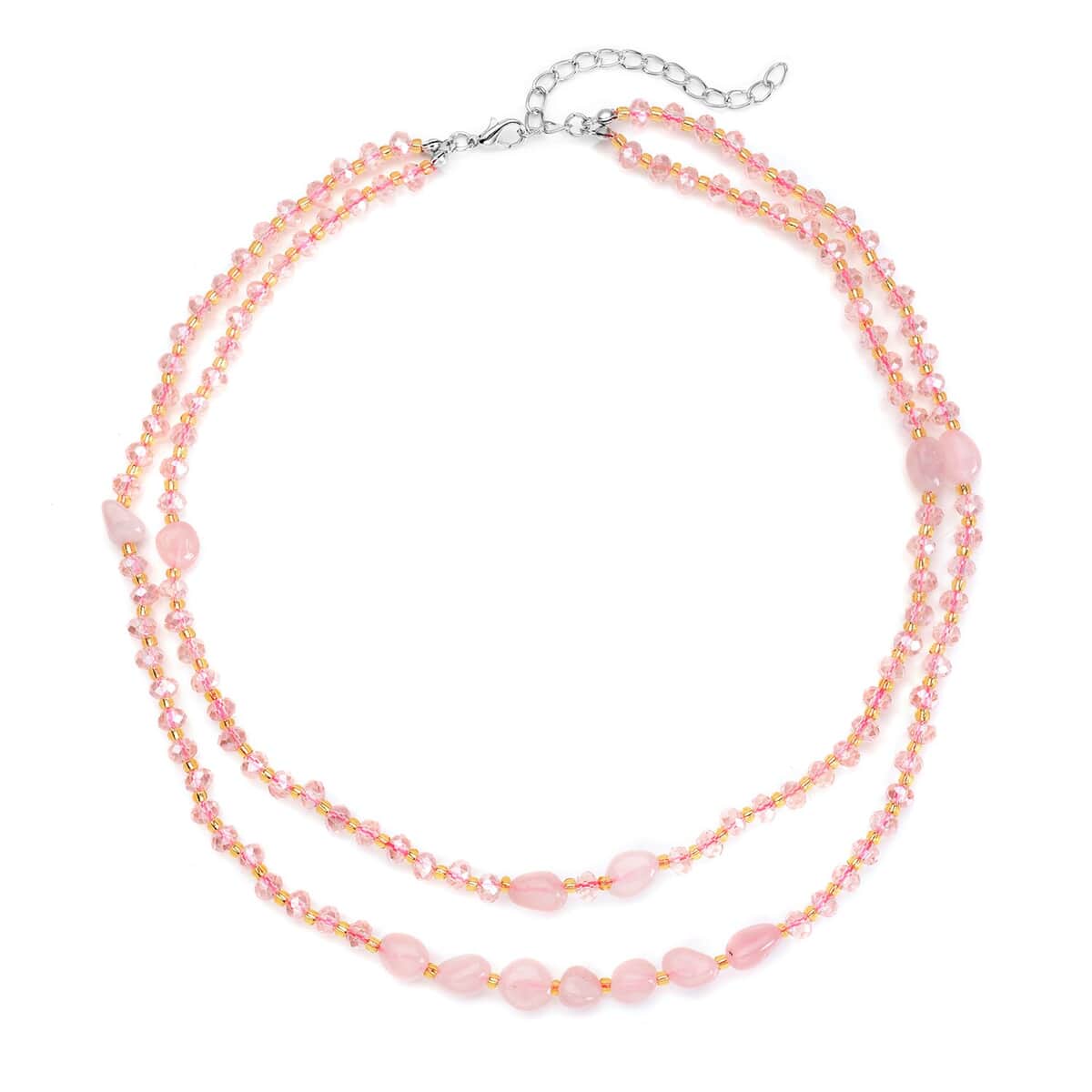 Galilea Rose Quartz, Pink and Champagne Glass Beaded Two Row Necklace (18-20 Inches) in Stainless Steel 50.00 ctw , Tarnish-Free, Waterproof, Sweat Proof Jewelry image number 0